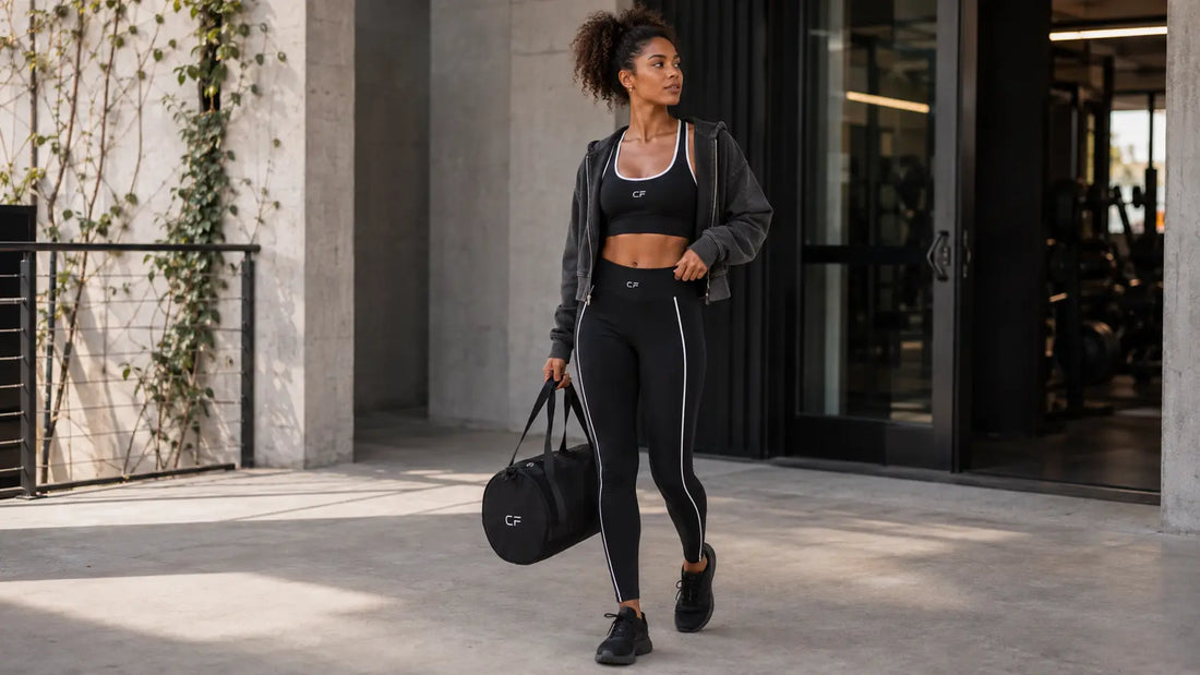 Woman arriving at a modern gym in a CRAMPFIT black activewear outfit with gym bag