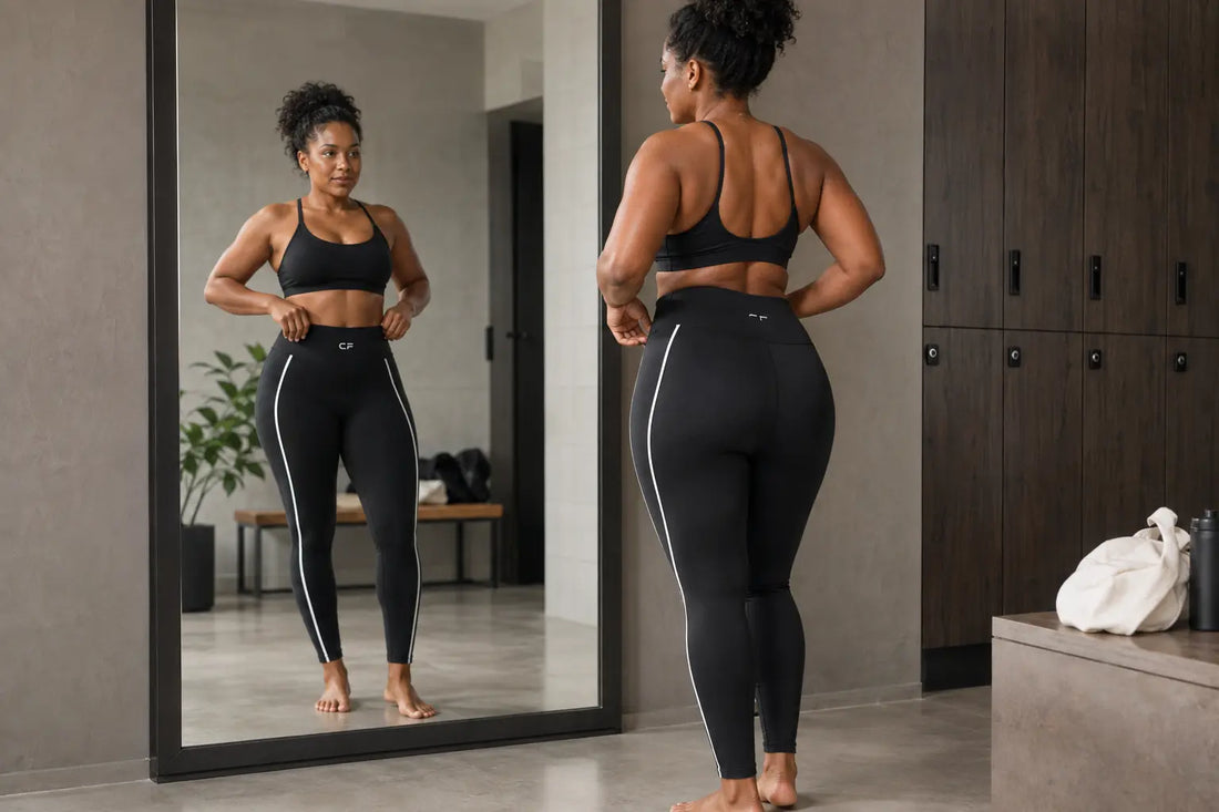 Woman checking the fit of black workout leggings