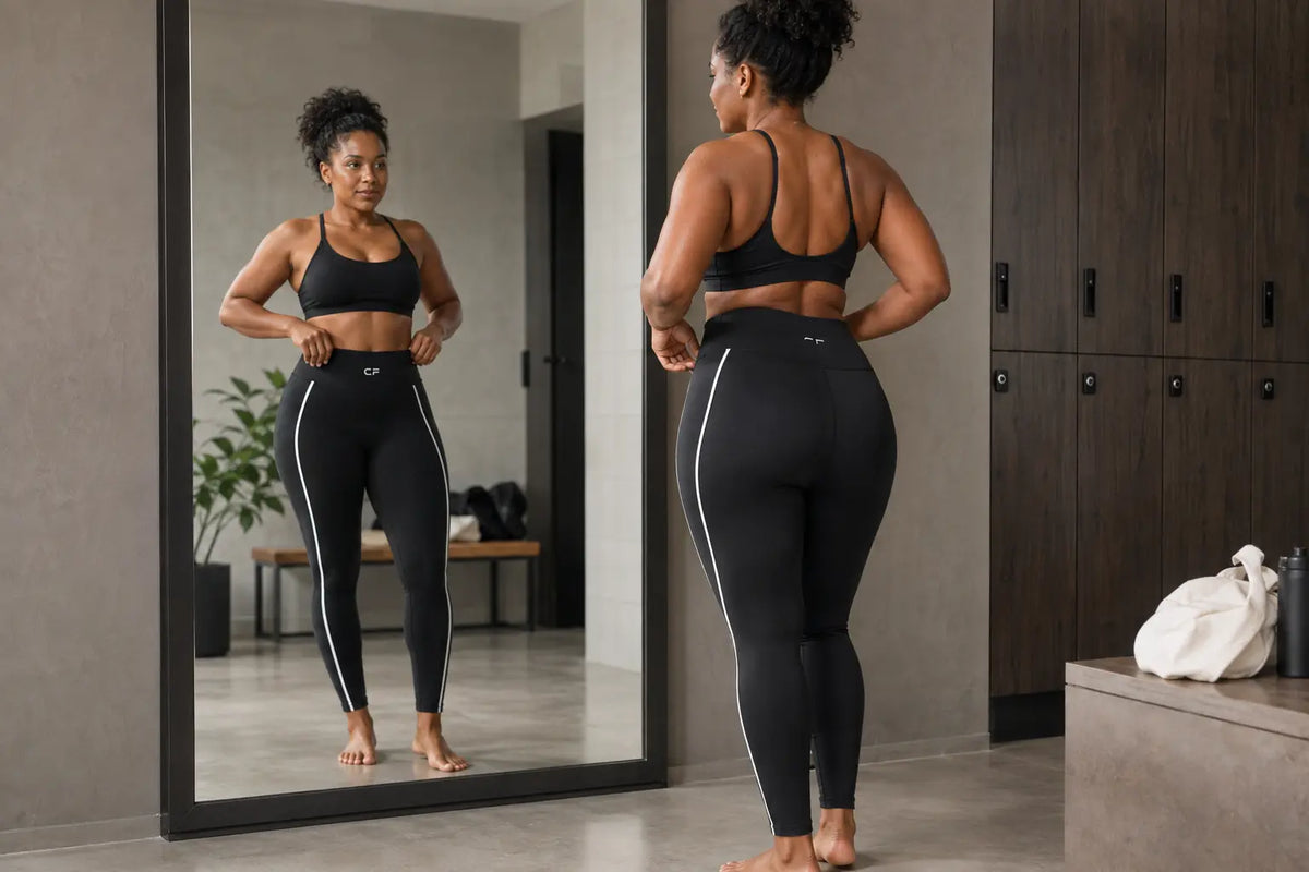 Woman checking the fit of black workout leggings