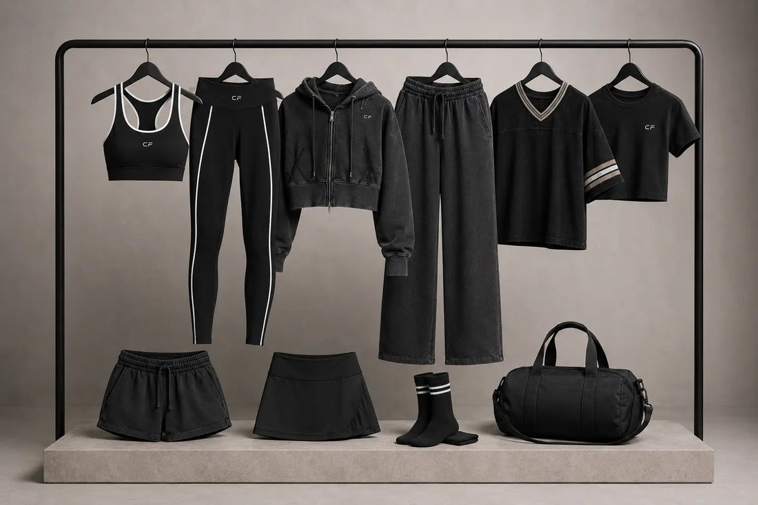 Woman styling a compact black workout wardrobe