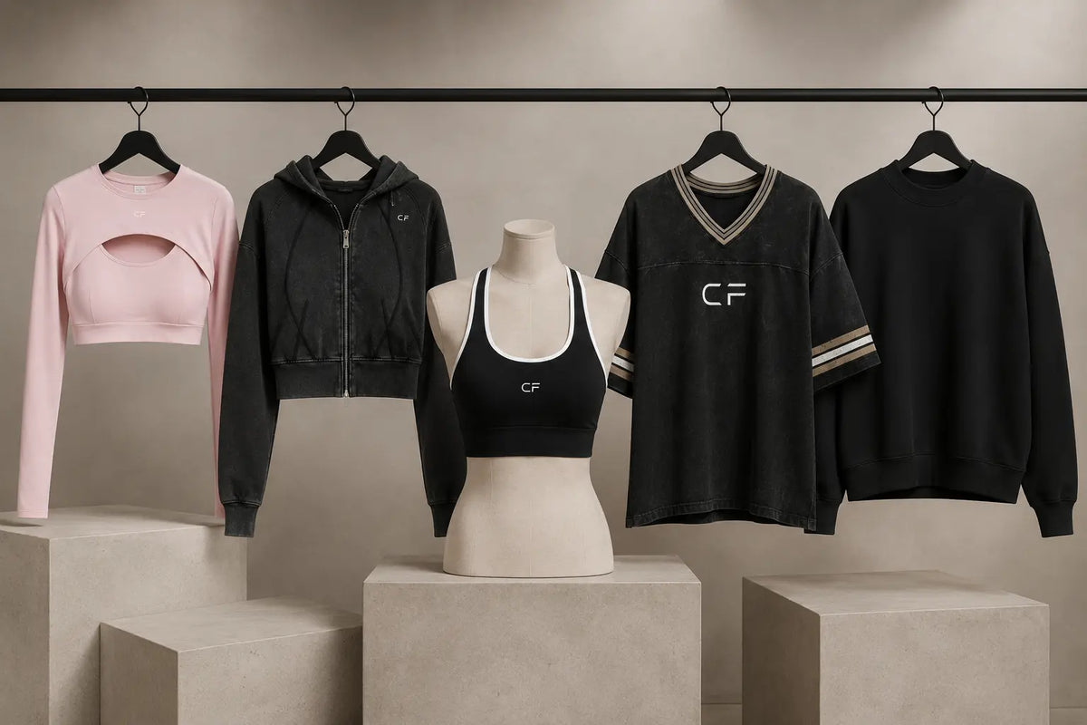 Women modeling different layers over sports bras