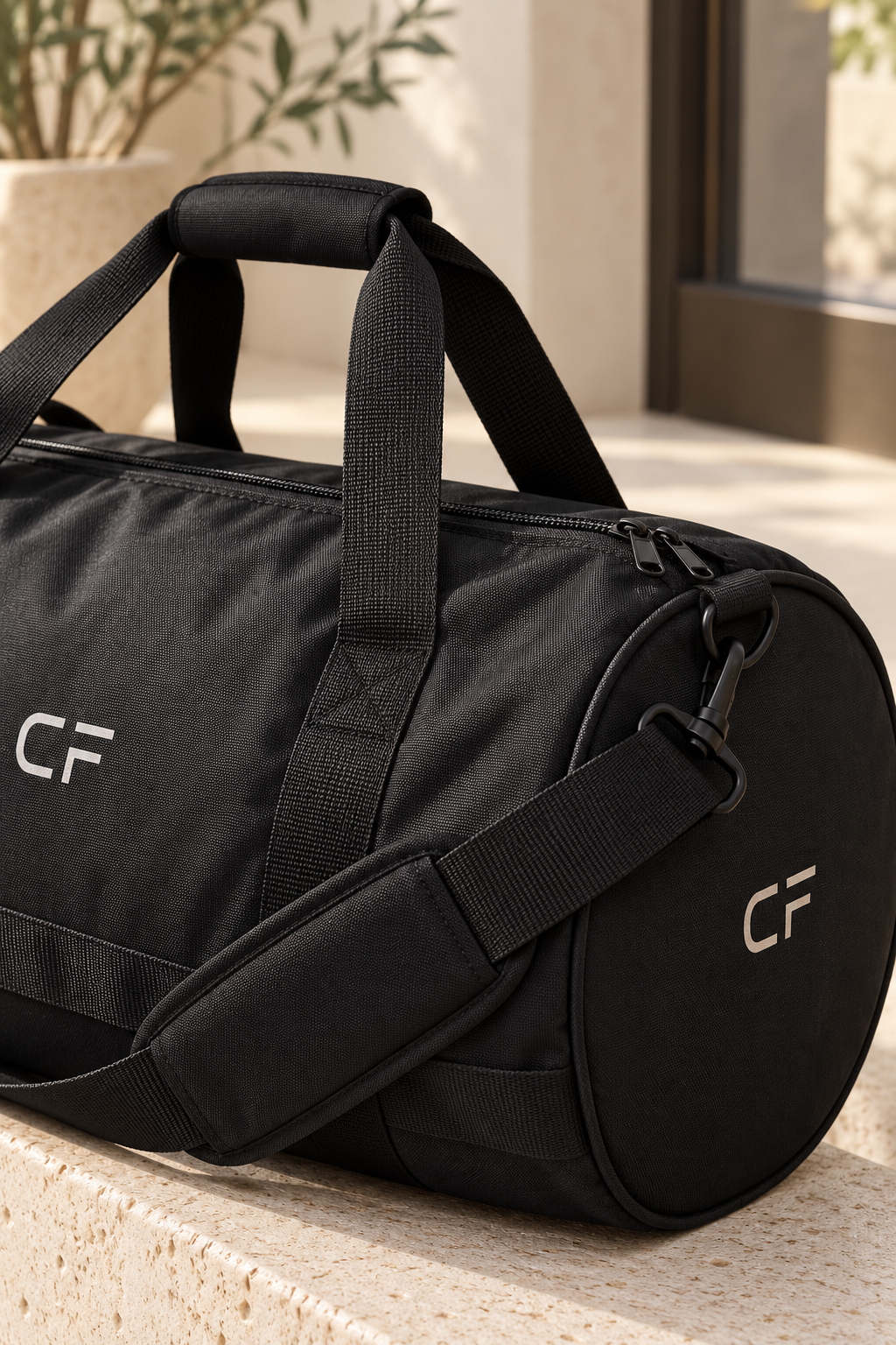 Close-up of CRAMPFIT gym bag showing woven black fabric, zipper, handle stitching and strap attachment.
