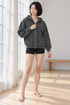CRAMPFIT Boxy Fleece Zip Hoodie in charcoal gray, front view with dropped shoulders and split kangaroo pocket