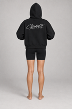 FLEECE BOXY ZIP HOODIE black back on model