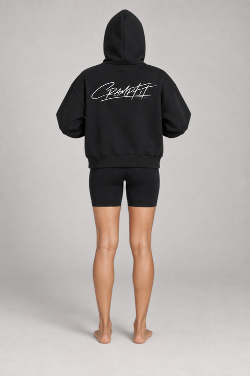 FLEECE BOXY ZIP HOODIE black back on model