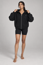 FLEECE BOXY ZIP HOODIE black front on model