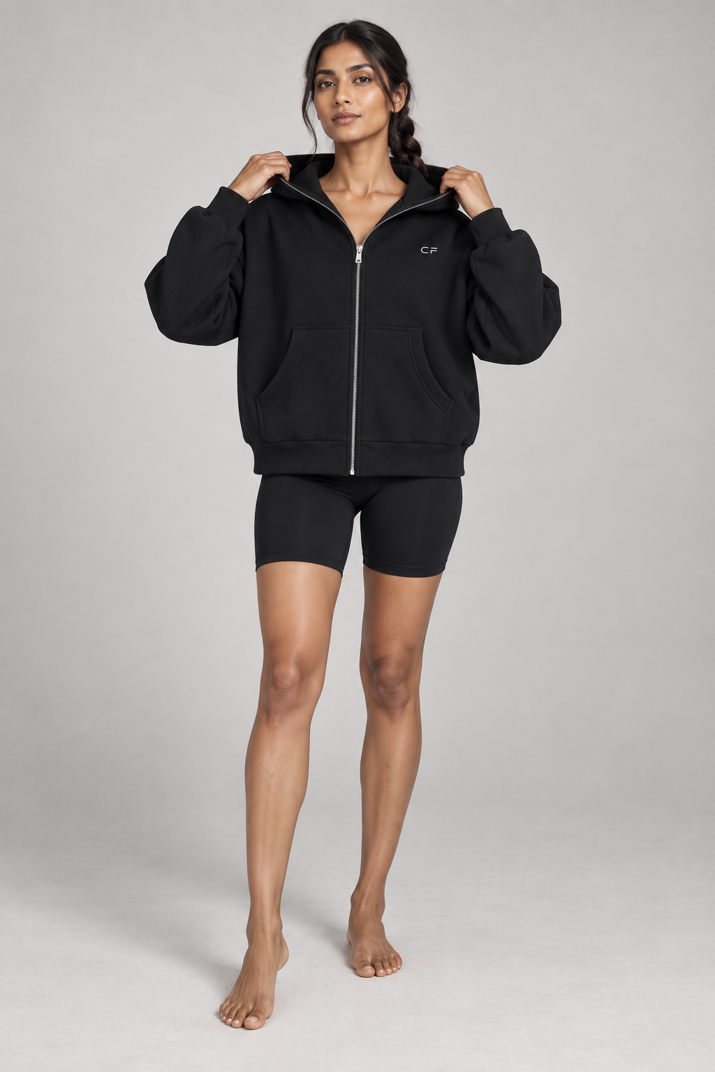 FLEECE BOXY ZIP HOODIE black front on model
