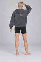 FLEECE BOXY ZIP HOODIE charcoal gray back on model