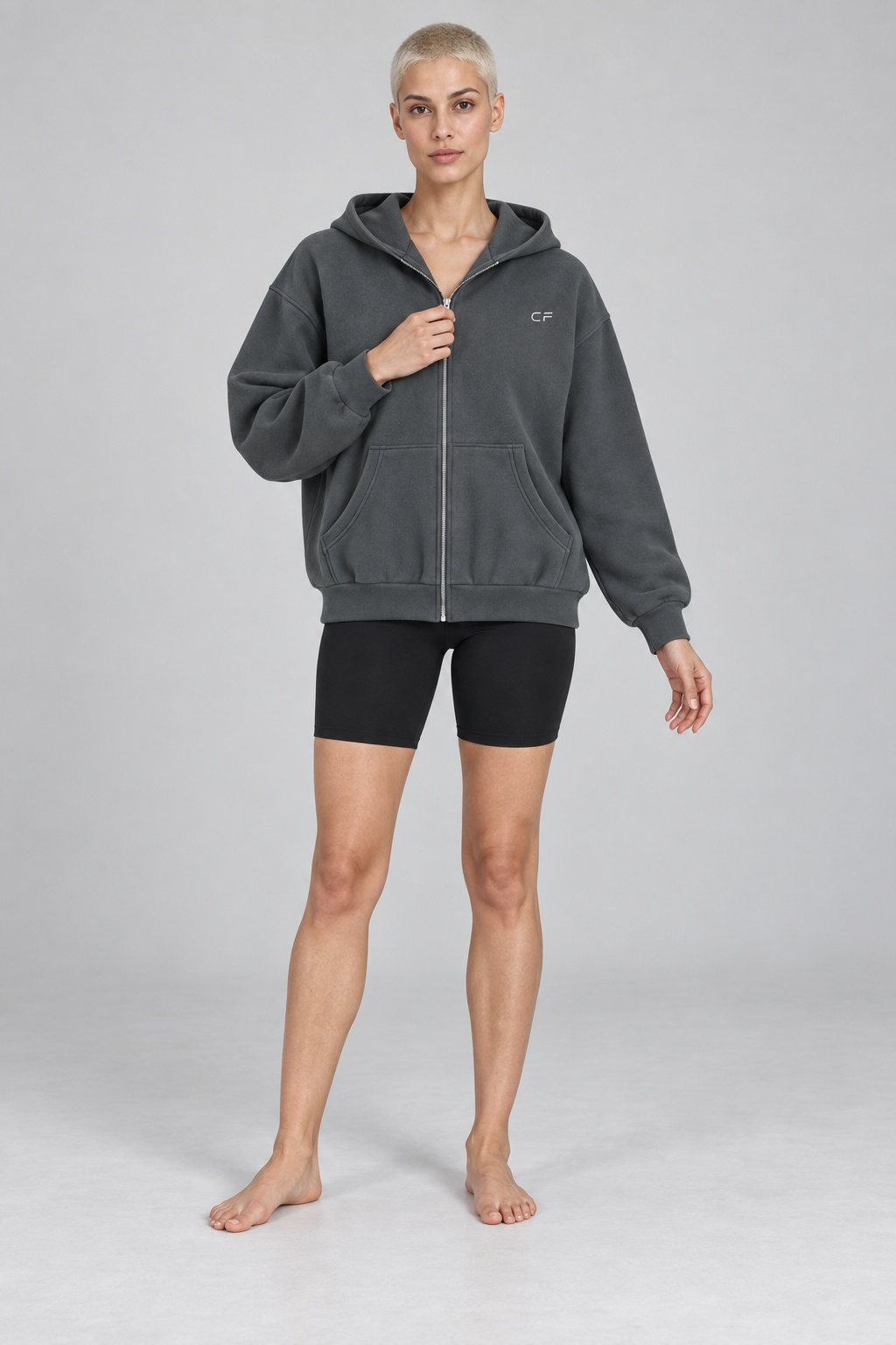 FLEECE BOXY ZIP HOODIE charcoal gray front on model
