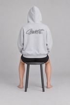 FLEECE BOXY ZIP HOODIE flower gray back on model
