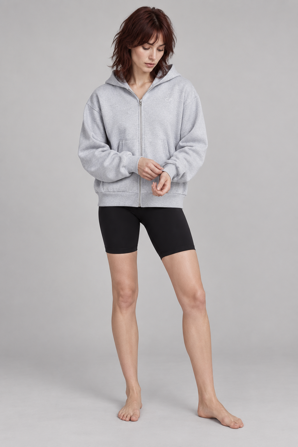 FLEECE BOXY ZIP HOODIE flower gray front on model