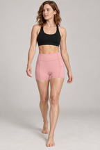 CRAMPFIT Women's High Rise Pocket Yoga Shorts - Pink - Front view on model