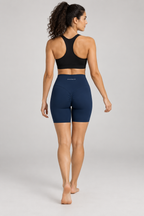 Women’s High Waisted Yoga Biker Shorts - Navy Blue - back on model