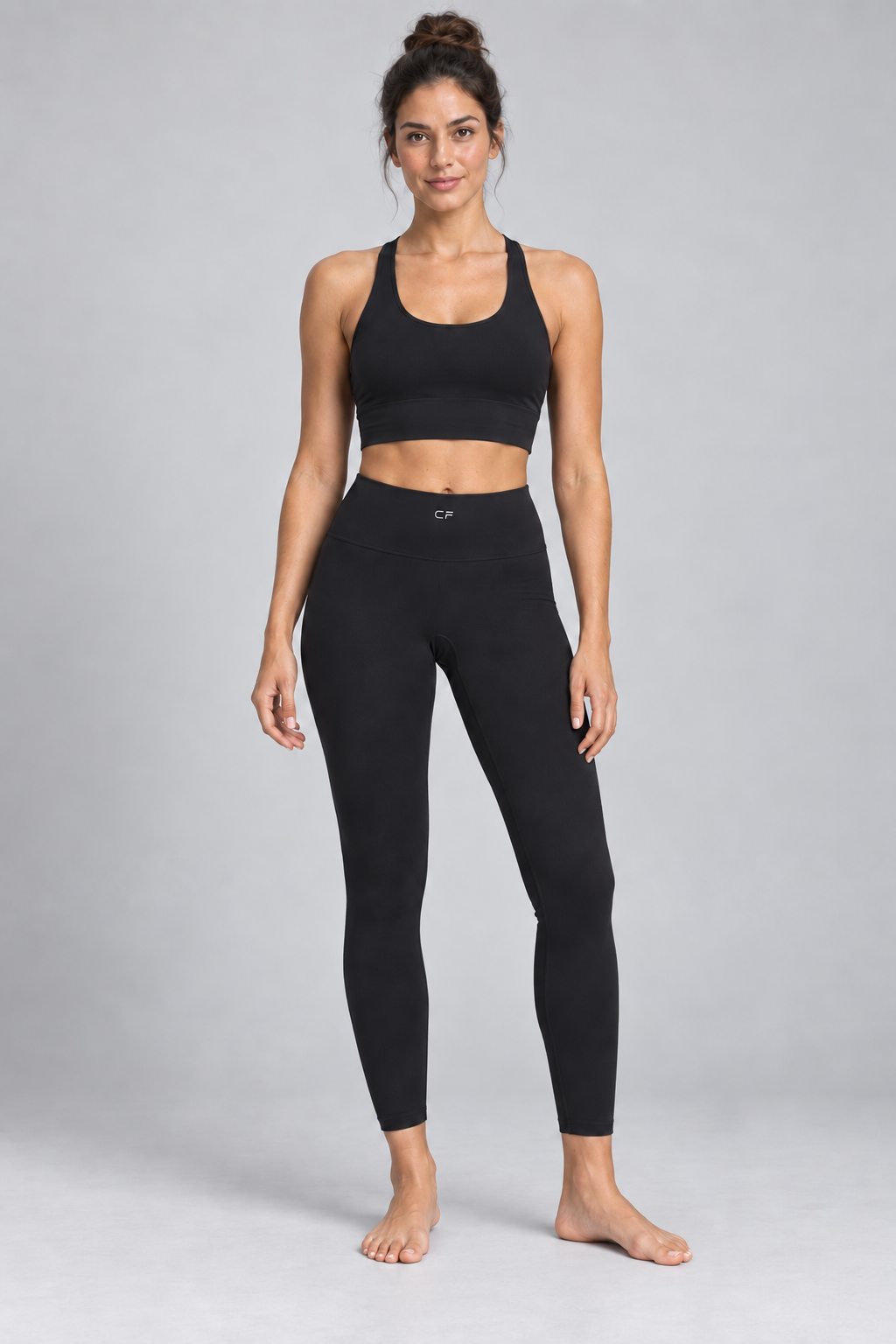 CRAMPFIT High-Waisted Yoga Leggings - black front view on barefoot model