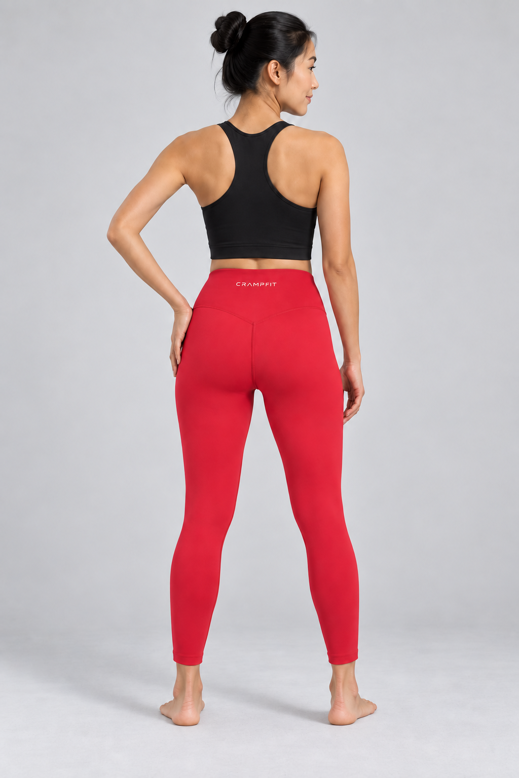 CRAMPFIT High-Waisted Yoga Leggings - red back view on barefoot model