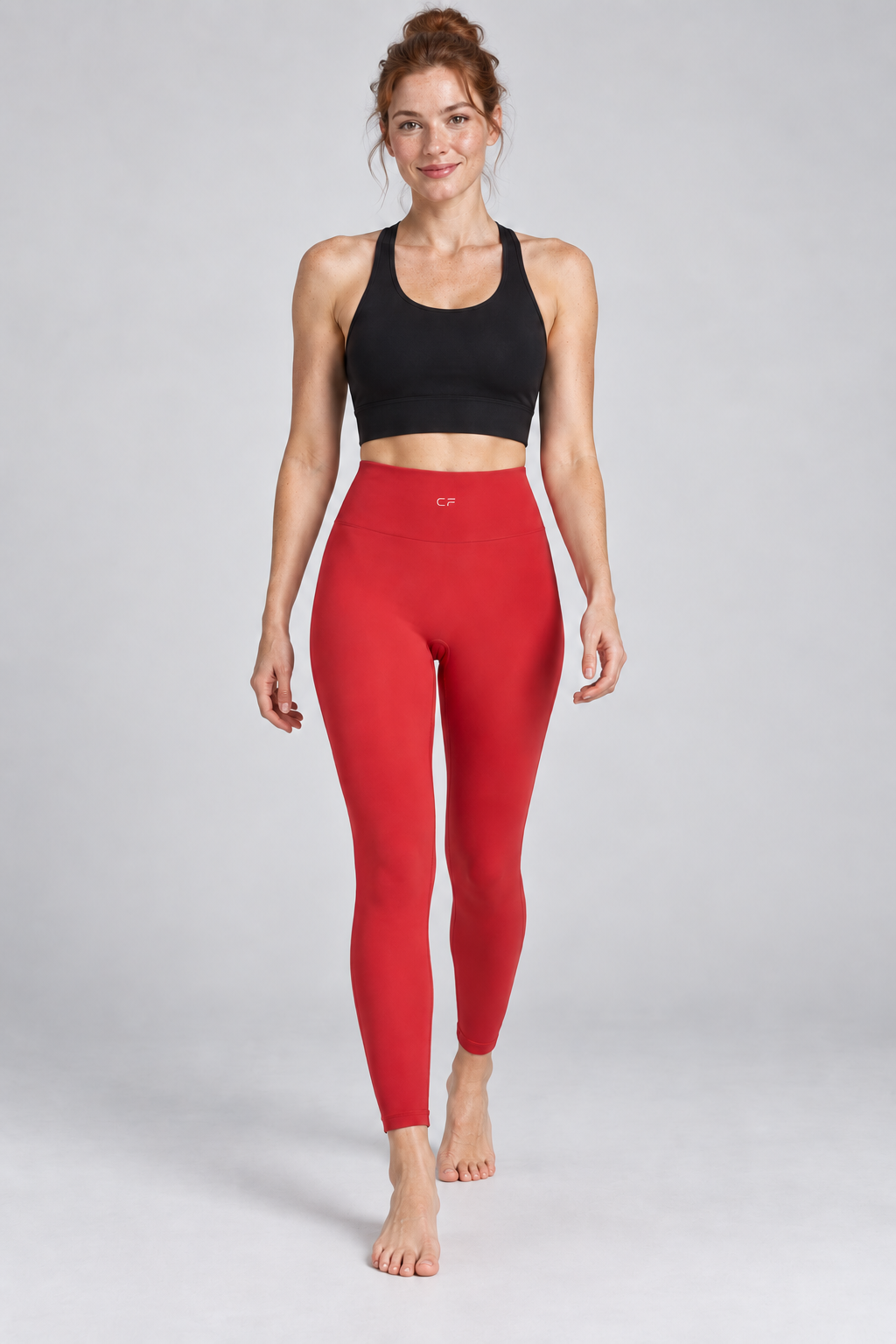 CRAMPFIT High-Waisted Yoga Leggings - red front view on barefoot model