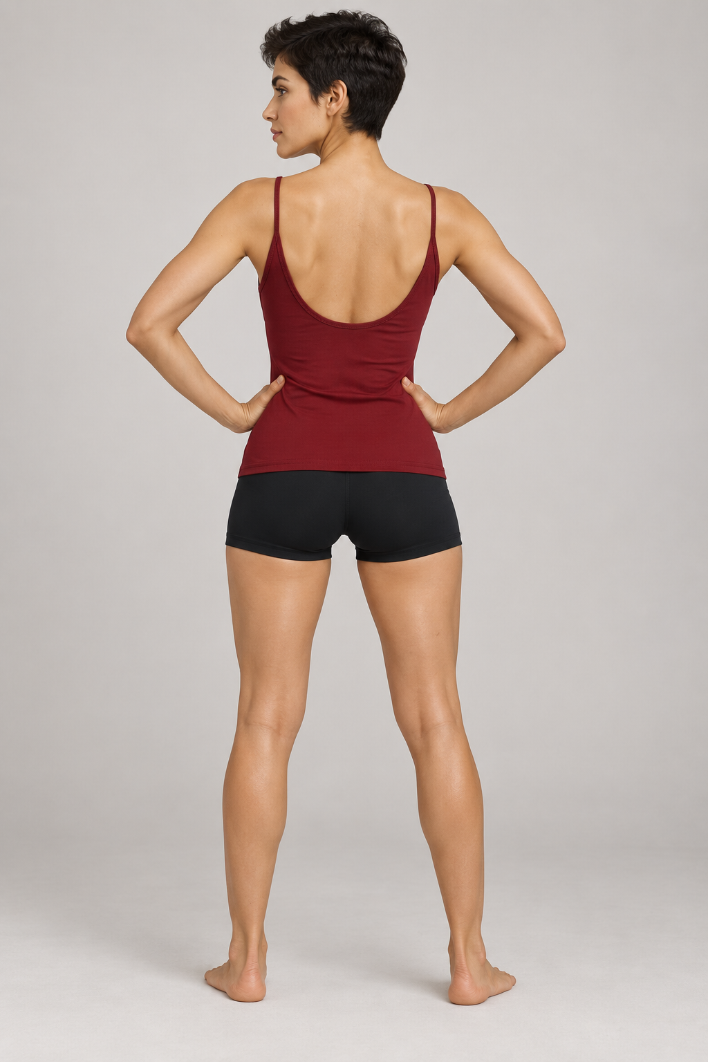 Women’s Slim Fit Open-Back Tank Top - Wine Red - back on model