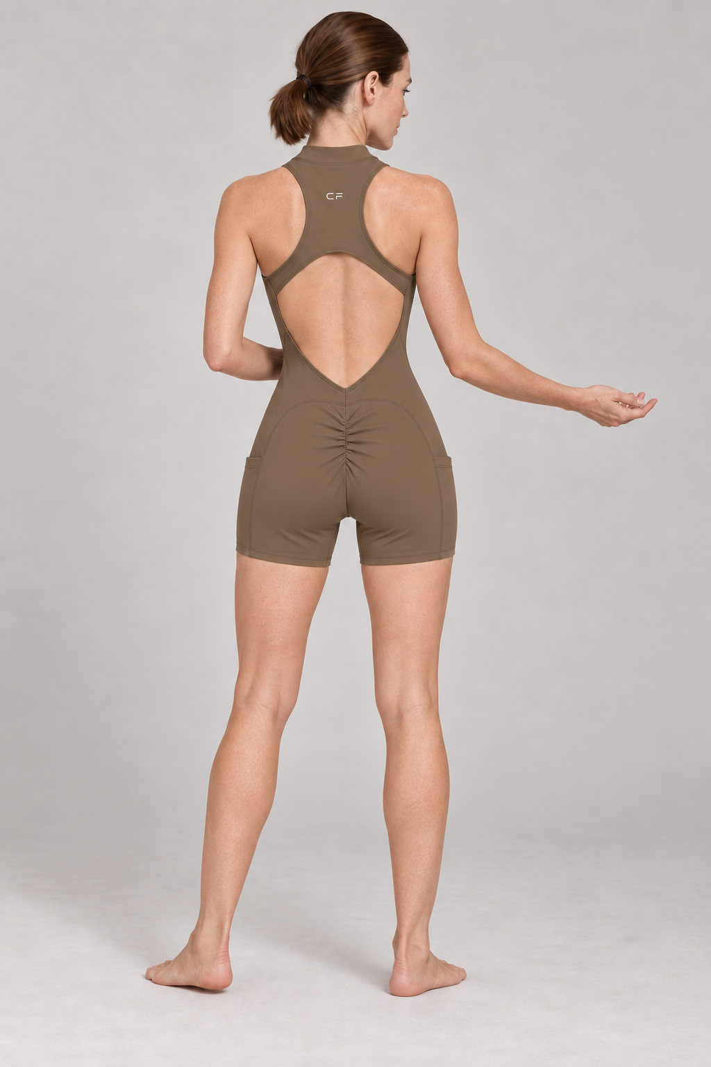 Women's Quarter-Zip Yoga Romper - Coffee - back on model