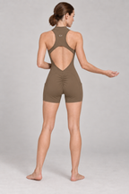 Women's Quarter-Zip Yoga Romper - Coffee - back on model