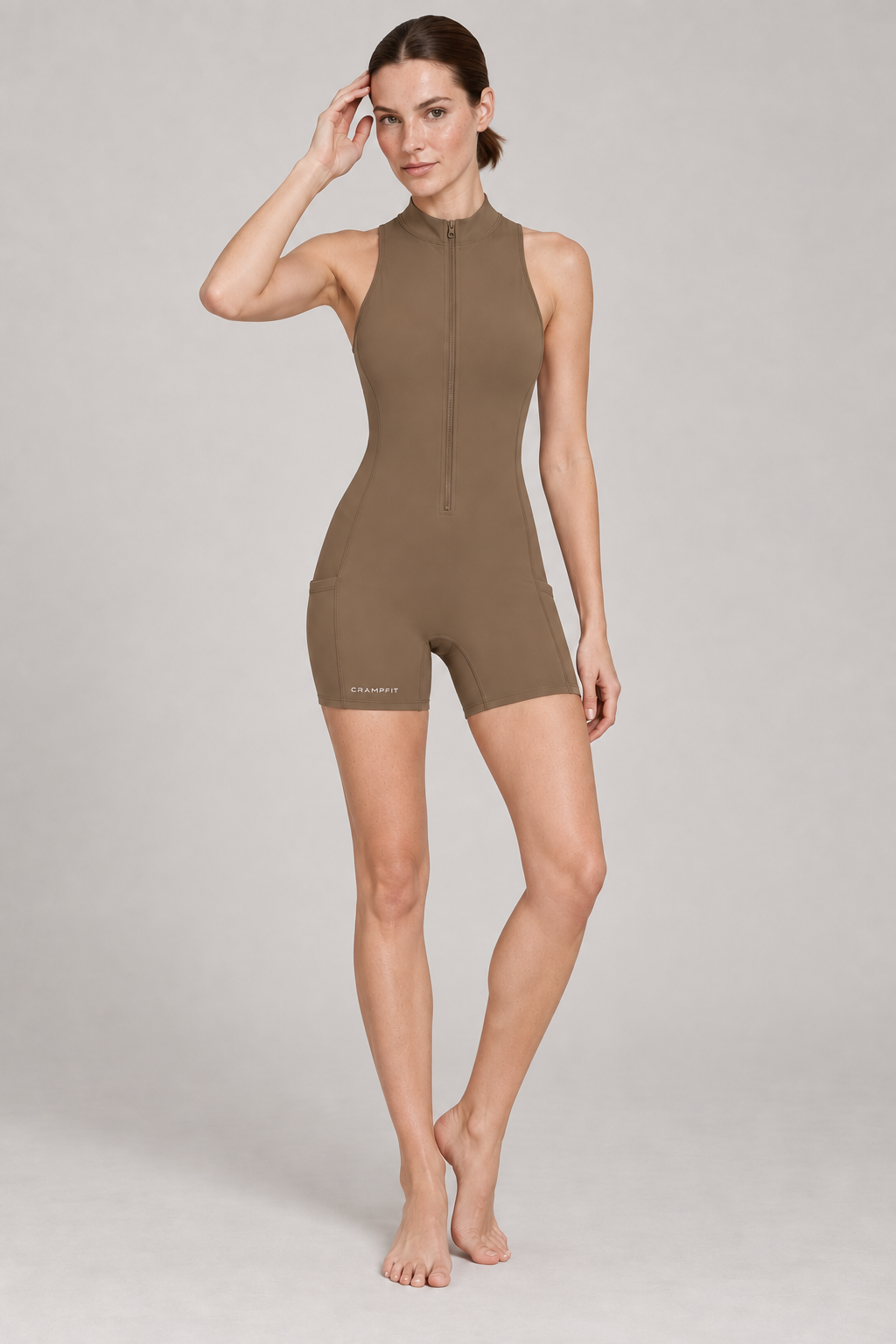 Women's Quarter-Zip Yoga Romper - Coffee - front on model