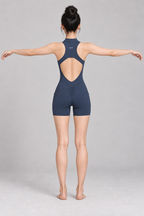 Women's Quarter-Zip Yoga Romper - Navy Blue - back on model
