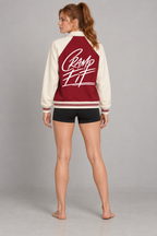 CRAMPFIT Contrast Raglan Sleeve Baseball Jacket in garnet with apricot — back view on model