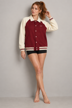 CRAMPFIT Contrast Raglan Sleeve Baseball Jacket in garnet with apricot — front view on model