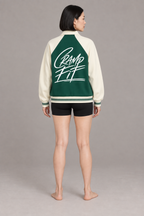 CRAMPFIT Contrast Raglan Sleeve Baseball Jacket in green with apricot — back view on model