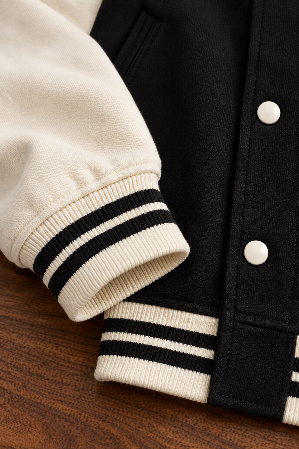 CRAMPFIT Raglan Varsity Jacket in black and cream, striped cuff, snap buttons and fabric detail