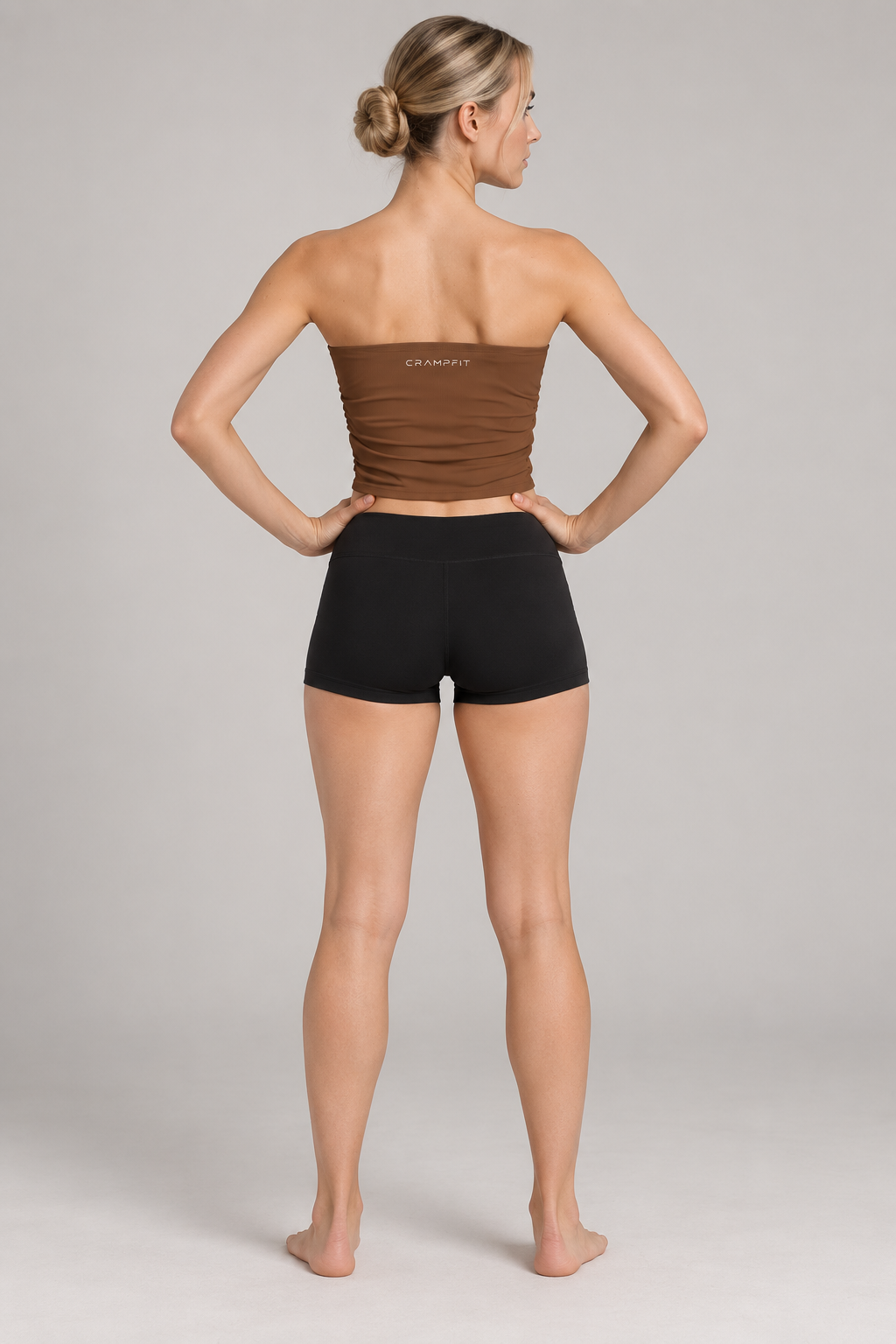 Women’s Ruched Cropped Yoga Tube Top - Brown - back on model
