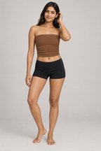 Women’s Ruched Cropped Yoga Tube Top - Brown - front on model