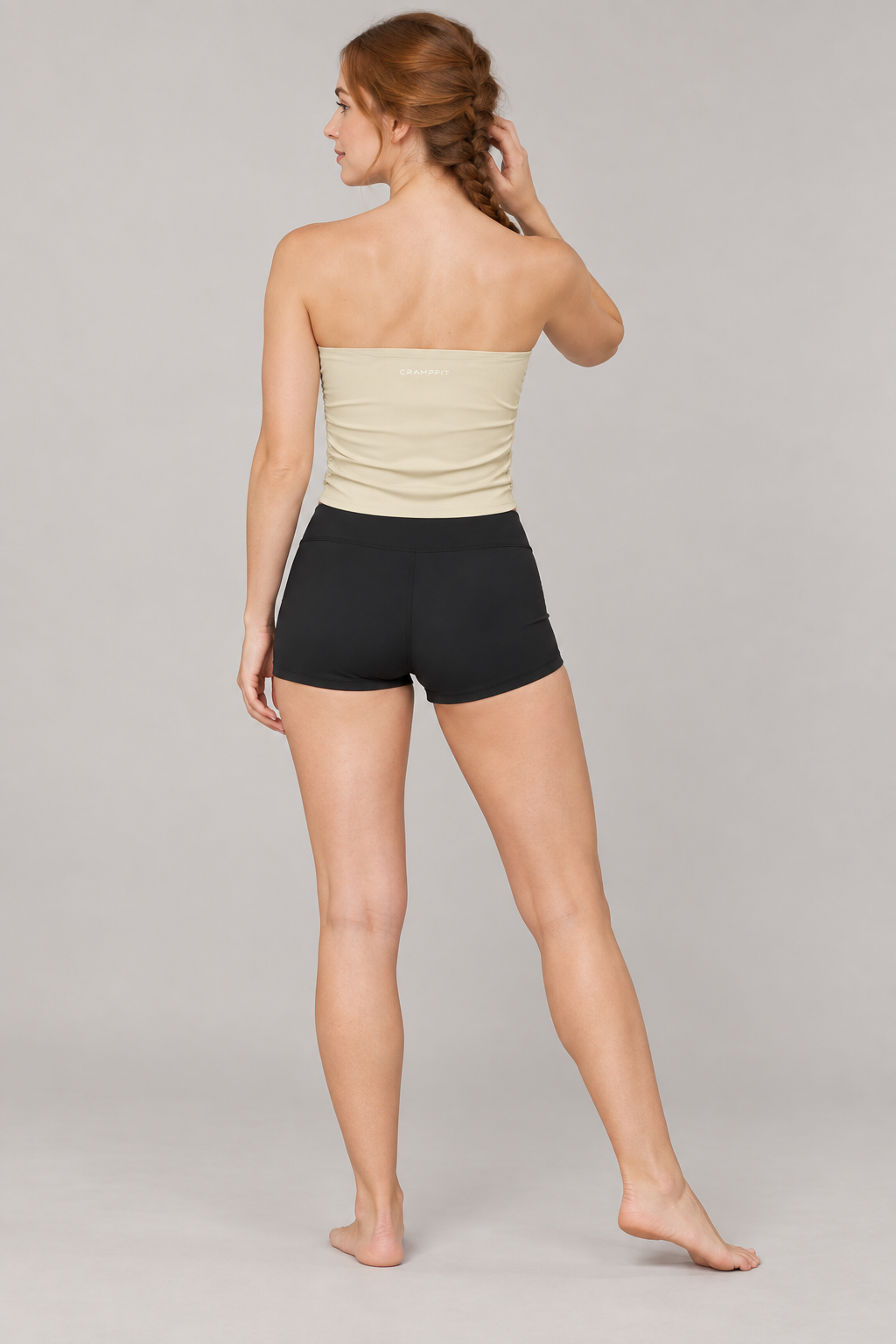 Women’s Ruched Cropped Yoga Tube Top - Light Apricot - back on model