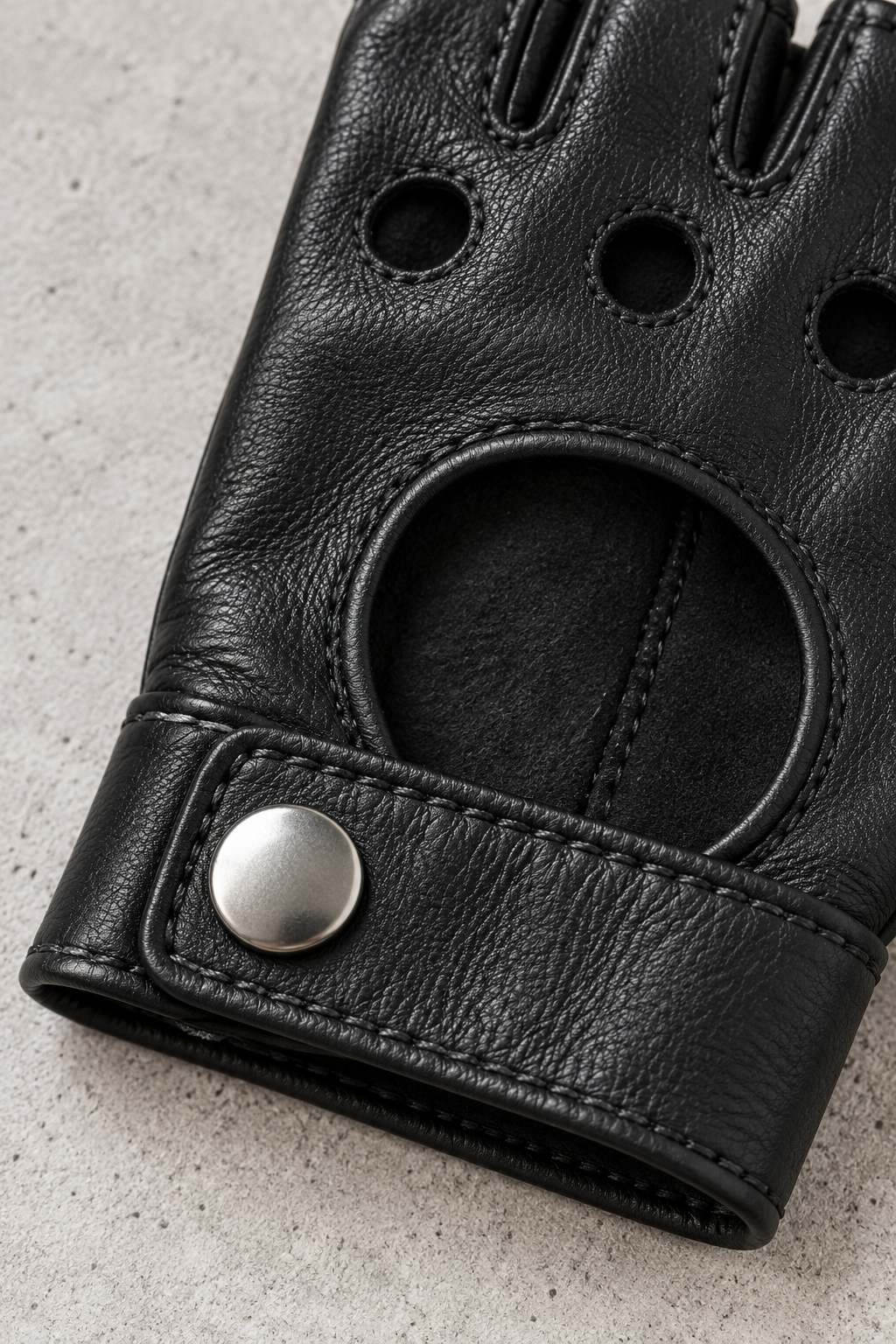 CRAMPFIT Sheepskin Fingerless Gloves in black, leather grain, stitching and snap wrist closure detail