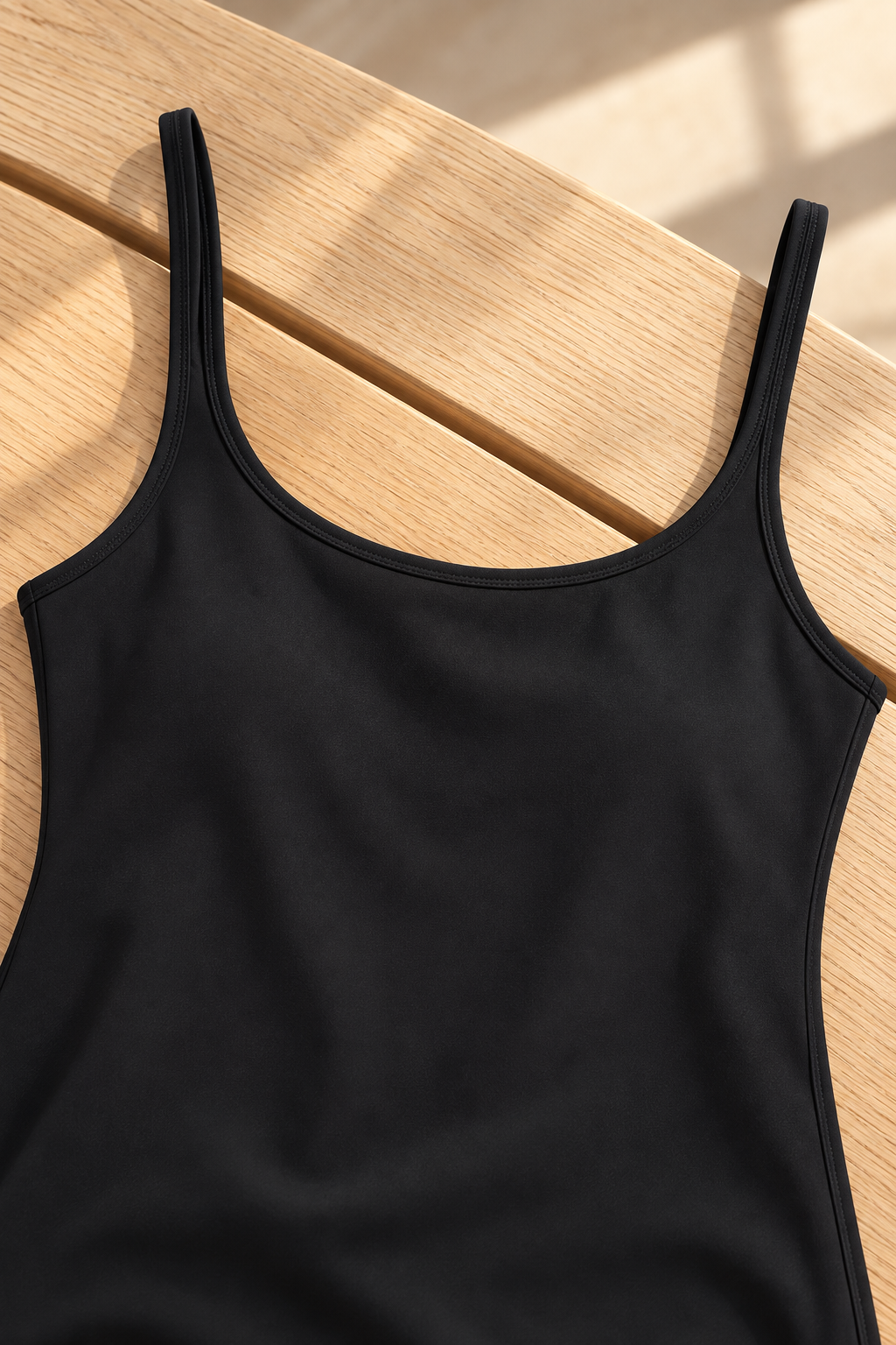 Close-up of the black U-neck yoga romper laid on a wooden bench, showing slim straps and neckline stitching.