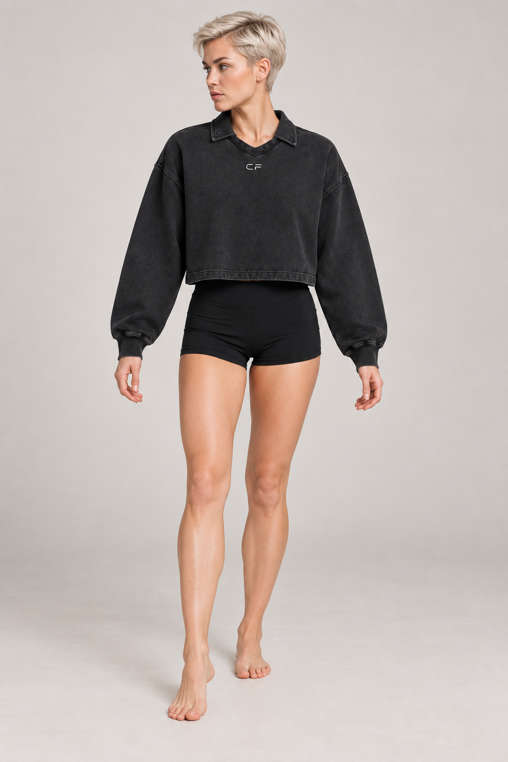Women’s Vintage Wash Crop Sweatshirt - Black - front on model