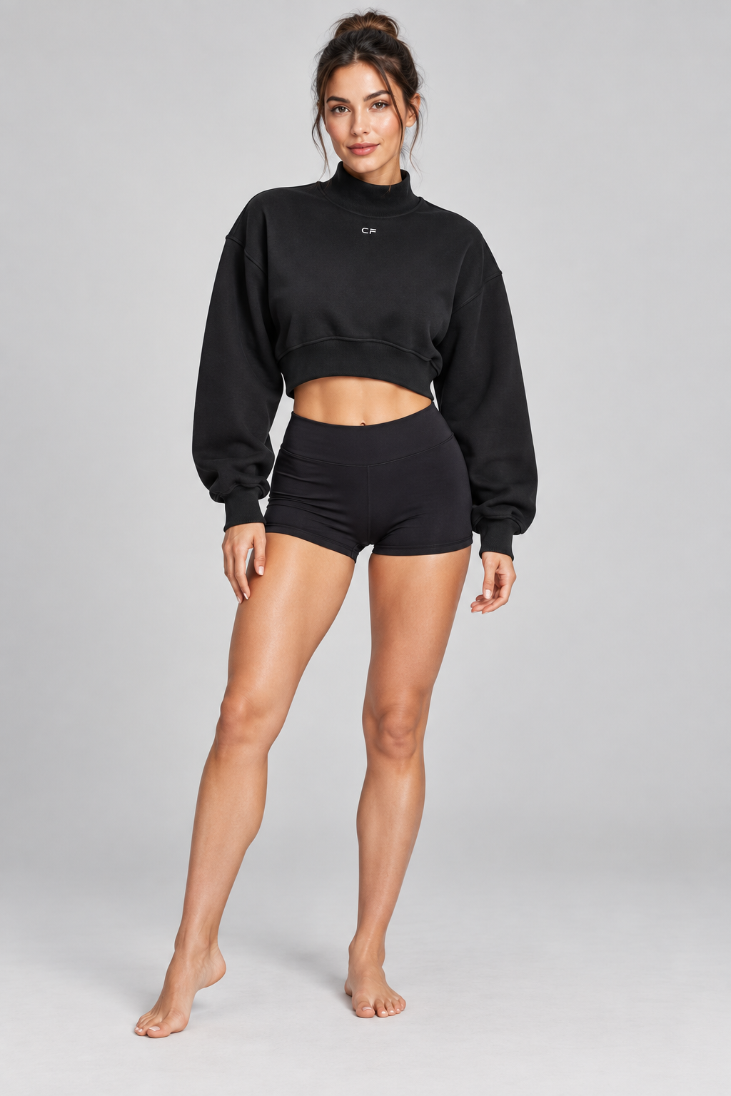 Women's Crop Mock Neck Sweatshirt - Black - front