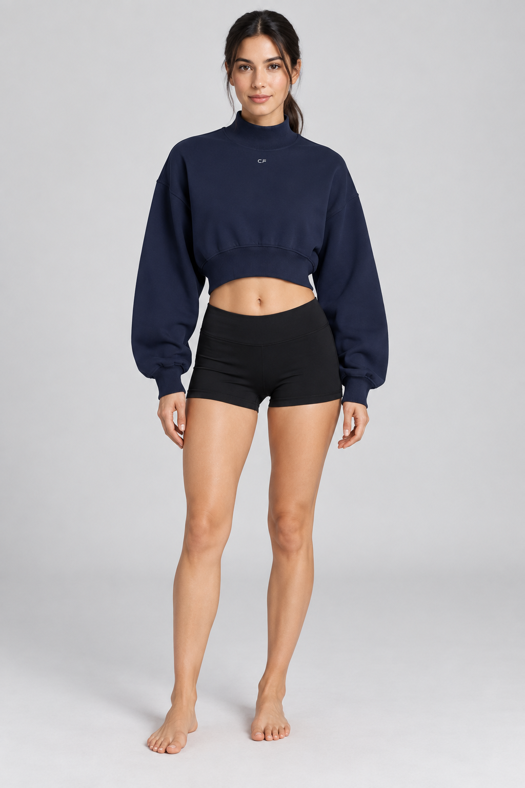 Women's Crop Mock Neck Sweatshirt - Navy Blue - front
