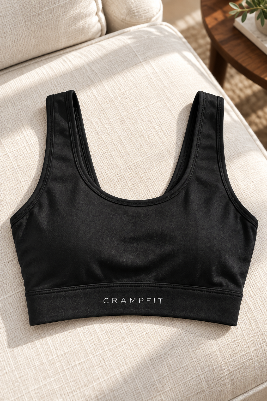 Black CRAMPFIT cropped U-neck sports bra on linen, showing the neckline, wide underbust band, logo and fabric texture.