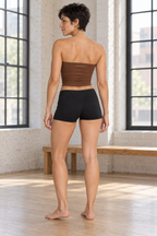 CRAMPFIT women's ruched yoga tube top in brown, back view showing the gathered fabric and CRAMPFIT logo.