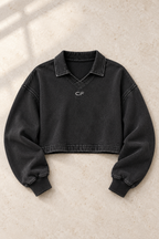 CRAMPFIT women's vintage wash crop sweatshirt in black, flat-lay detail of the collar, ribbed cuffs and vintage-wash cotton.